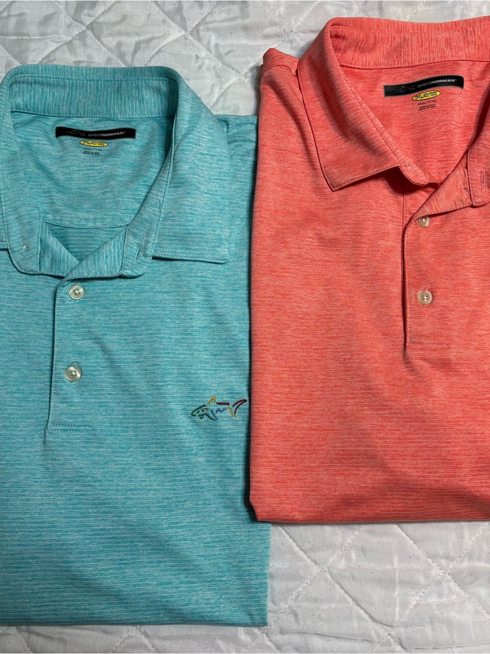 Lot of 2 Greg Norman Collection Polo Shirts - Aqua Blue & Coral